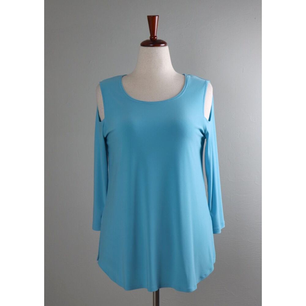 SYMPLI $113 Slinky Stretch Solid Blue Cut Out Cold Shoulder Tunic Top Size 10